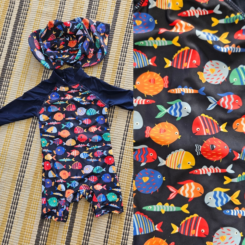 Kids Navy Fish-Print Rashguard Swimsuit with Sun Hat